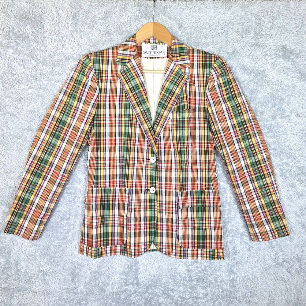VTG 80s 90s Sweetbriar Plaid Blazer Jacket Multi Color Academic Grunge MED